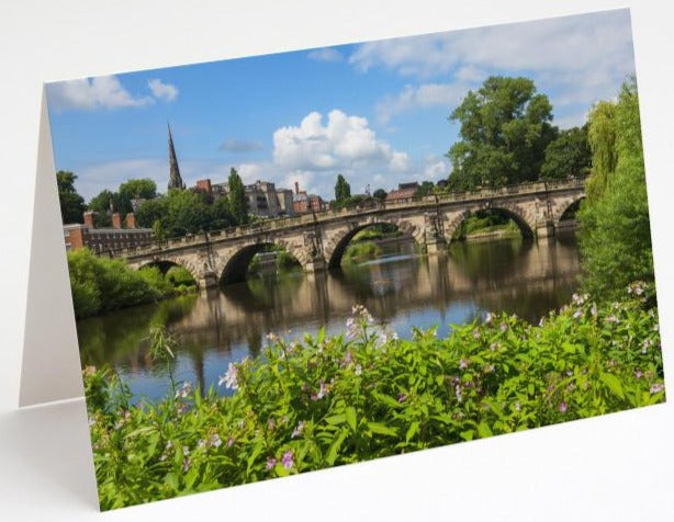 English Bridge and the River Severn Blank Shrewsbury Greetings Card